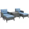 Outsunny 5 Pieces PE Rattan Garden Furniture Set, Wicker Outdoor Sofa Set w/ 2 Armchairs 2 Stools Glass Top Table Cushions, Blue - 1