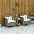 Outsunny 3 Pieces Rattan Bistro Set, Wicker Garden Furniture Set, Glass Top 2-tier Coffee Table and Chairs Set with Pillows and Washable Cushions for Outdoor, Patio, Balcony, Light Grey - 2