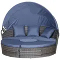 Outsunny Outdoor PE Rattan Garden Furniture with Cushioned, Patio Wicker Conversation Furniture Set, Round Daybed with Retractable Canopy, Coffee Table and Three Pillows, Grey/Blue Grey - 1