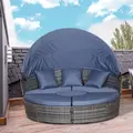 Outsunny Outdoor PE Rattan Garden Furniture with Cushioned, Patio Wicker Conversation Furniture Set, Round Daybed with Retractable Canopy, Coffee Table and Three Pillows, Grey/Blue Grey - 2