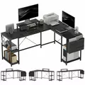 HOMCOM 168cm Reversible L Shaped Desk, Industrial Corner Computer Desk with Adjustable Shelf and Storage Bag, 240cm 2 Person PC Table with Monitor Stand, Black - 1