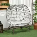 Outsunny 2 Seater Egg Chair Outdoor, Folding Weave Garden Furniture Chair with Cushion, Cup Pockets - Light Grey - 2