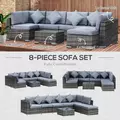 Outsunny 8 Piece Rattan Corner Sofa Set with Wide & Deep Seat, Assembled Aluminium PE Rattan Garden Furniture Set with Thick Cushions and Glass Top Table for Outdoor, Conservatory, Grey - 6