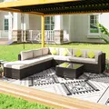 Outsunny 8 Piece Rattan Corner Sofa Set with Wide & Deep Seat, Assembled Aluminium PE Rattan Garden Furniture Set with Thick Cushions and Glass Top Table for Outdoor, Conservatory, Mixed Brown - 2