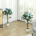 Outsunny Set of 2 Artificial Plants White Rose Floral in Pot, Fake Plants for Home Indoor Decor, 90cm, Light Blue - 2