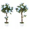 Outsunny Set of 2 Artificial Plants White Rose Floral in Pot, Fake Plants for Home Indoor Decor, 90cm, Light Blue - 1