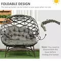 Outsunny 2 Seater Egg Chair Outdoor, Folding Weave Garden Furniture Chair with Cushion, Cup Pockets - Sand Brown - 6