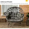 Outsunny 2 Seater Egg Chair Outdoor, Folding Weave Garden Furniture Chair with Cushion, Cup Pockets - Sand Brown - 4