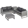Outsunny 4 Pieces Rattan Garden Furniture Set, 4 Seater Garden Sofa Set with Storage Box, Loveseats and Glass Top Table, Wicker Outdoor Conservatory Furniture with Cushions for Outdoor, Patio, Grey - 1