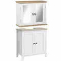 kleankin Bathroom Furniture Set, Mirror Cabinet Wall Mounted with Adjustable Shelf, Bathroom Sink Cabinet with Storage, White and Wood Grain - 1