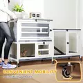 PawHut Wooden Rabbit Hutch with Run, 2-Tier Guinea Pig Hutch with Run, Wheels, 3 Plastic Trays, 2 Openable Top, for 2-3 Rabbits - 6