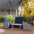 Outsunny 4 Piece Rattan Garden Furniture Set Outdoor Sofa Sectional Set with Glass Top Table for Poolside, Navy Blue - 2