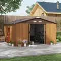 Outsunny 13 x 11ft Metal Garden Shed, Outdoor Storage Tool House with Ventilation Slots, Foundation Kit and Lockable Double Doors, Light Brown - 2