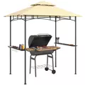 Outsunny 8' x 5' Grill Gazebo, Double Tiered BBQ Gazebo Shelter Canopy with LED Lights, 2 Side Shelves, Hooks, Beige - 1