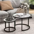 HOMCOM Glass Coffee Table Set of 2, Round Nest of Tables with Marble-Effect Tempered Glass Tabletop and Steel Frame, Modern Side Tables for Living Room, White - 7