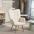 HOMCOM Modern Accent Chair, Upholstered Tufted Wingback Armchair with Seat Padding, Teddy Fleece Leisure Lounge Bedroom Chair with Wood Legs, Cream White - 5