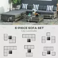 Outsunny 6 PC Rattan Sofa Coffee Table Set Sectional Wicker Weave Furniture for Garden Outdoor Conservatory w/ Pillow Cushion Grey - 6