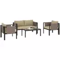 Outsunny 4 Piece Metal Garden Furniture Set with Tempered Glass Coffee Table, Texteline Pocket, Outdoor Set Loveseat Single Armchairs with Padded Cushions, Khaki - 1