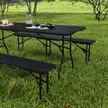 Outsunny Folding Picnic Table and Bench Set, Rattan Effect Portable Camping Table and Chairs with Carrying Handles for Indoor Outdoor, Dining, Camping, Picnic, BBQ, Party, Black - 8