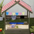 Outsunny House-Designed Wooden Sandbox, Outdoor Sandpit, with Blackboard, Toys, Sink, Seats, Flags, for Ages 3-7 Years - Grey - 8