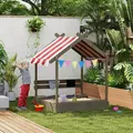 Outsunny House-Designed Wooden Sandbox, Outdoor Sandpit, with Blackboard, Toys, Sink, Seats, Flags, for Ages 3-7 Years - Grey - 2