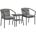 Outsunny 3 Pieces Rattan Bistro Set with Cushions, Wicker Garden Furniture Set, Glass Top Coffee Table and Chairs for Outdoor Patio, Balcony, Terrace and Conservatory, Grey - 1