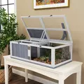 PawHut Wooden Tortoise House with Lamp Holder, Clear Windows, Openable Tops, Built-In Tray, Light Grey - 9