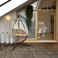 Outsunny Hanging Egg Chair, Folding Texteline Swing Hammock with Side Pocket, Cushion and Stand for Indoor Outdoor, Patio Garden Furniture, Khaki - 2