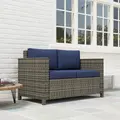 Outsunny Rattan Sofa, 2 Seater Garden Furniture with Soft Padded Cushion and Armrests, Wicker Garden Loveseat for Patio, Navy Blue - 9