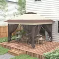 Outsunny 3.6 x 3.6 m Pop up Gazebo with Netting, Height Adjustable Party Tent Instant Canopy Sun Shade Shelter, Khaki - 2