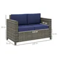 Outsunny Rattan Sofa, 2 Seater Garden Furniture with Soft Padded Cushion and Armrests, Wicker Garden Loveseat for Patio, Navy Blue - 3
