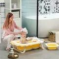 AIYAPLAY Foldable Baby Bath Tub Set with Bath Cushion, Wash Basin, Non-Slip Stand, Bottom, Yellow - 2