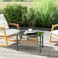Outsunny Outdoor Rattan Coffee Table with Tempered Glass Top, Storage Shelf, Foot Pads, for Patio, Balcony, Mixed-grey - 7