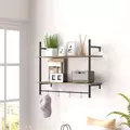 HOMCOM Wall Mounted Floating Shelves with 4 Hooks, Rustic Wall Shelf Unit for Living Room, Entryway, Grey - 2