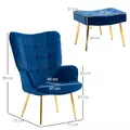 HOMCOM Modern Armchair with Footstool, Upholstered Accent Chair with Ottoman, Steel Legs, Velvet Wingback Chair for Living Room, Bedroom, Home Study, Dark Blue - 3
