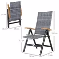 Outsunny 2 Pieces Folding Rattan Garden Dining Chairs with 5-level Reclining High Back, Wood Armrests for Outdoor - Light Grey - 3