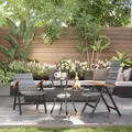 Outsunny 2 Pieces Folding Rattan Garden Dining Chairs with 5-level Reclining High Back, Wood Armrests for Outdoor - Light Grey - 2