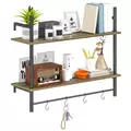 HOMCOM Wall Mounted Floating Shelves with 4 Hooks, Rustic Wall Shelf Unit for Living Room, Entryway, Grey - 1