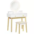 HOMCOM Dressing Table Set with Mirror, Built-in 3 Color LED Light, Vanity Makeup Table with 4 Drawers and Cushioned Stool for Bedroom, White - 1