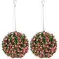 HOMCOM Set of 2 Decorative Artificial Plants, UV-protected Artificial Plant Topiary Rose Balls, Fake Plants for Home Indoor outdoor Decor, 28cm, Pink - 1