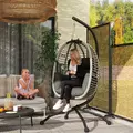 Outsunny Outdoor Swing Chair with Thick Padded Cushion, Patio Hanging Egg Chair with Metal Stand, Foldable Basket, Cup Holder, Rope Structure for Indoor & Outdoor, Dark Grey - 2
