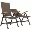 Outsunny 2 Pieces Folding Rattan Garden Dining Chairs with 5-level Reclining High Back, Wood Armrests for Outdoor - Brown - 1
