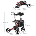 HOMCOM Folding Rollator Walker with 6 Adjustable Handle Height for People with Limited Mobility, Red - 3