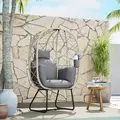 Outsunny Rattan Egg Chair Outdoor Indoor Wicker Chair with Thickened Cushion and Headrest, Standing Garden Egg Chair with Cup Holder, Metal Frame for Patio, Balcony, Grey - 8