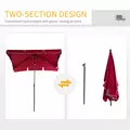 Outsunny Garden Parasol Umbrella, Outdoor Market Table Umbrella with Ruffles & Aluminium Pole, Rectangular Tilting Parasol Sun Shade Canopy, 2 x 1.3m, Red - 5