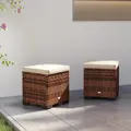 Outsunny Set of 2 Rattan Storage Ottoman, Outdoor Footstool with Removable Cushions, Garden Storage Seat for Balcony, Porch, Living Room, Beige - 9