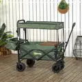 Outsunny Folding Trolley Cart Storage Wagon Beach Trailer 4 Wheels with Handle Overhead Canopy Cart Push Pull for Camping, Green - 2