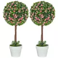 HOMCOM Set of 2 Decorative Artificial Plants, Ball Topiary Tree with Rose Flower in Pot, Fake Plants for Home Indoor Outdoor Decor, 60cm, Pink - 1