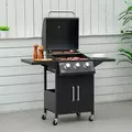 Outsunny 3 Burner Gas BBQ Grill Outdoor Portable Barbecue Trolley w/ Warming Rack, Side Shelves, Storage Cabinet, Thermometer, Carbon Steel, Black - 2