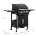 Outsunny 3 Burner Gas BBQ Grill Outdoor Portable Barbecue Trolley w/ Warming Rack, Side Shelves, Storage Cabinet, Thermometer, Carbon Steel, Black - 3